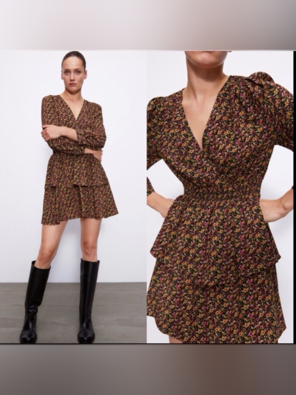 Zara Mini Dress Tiered Skirt V Neck Floral Tan Size XS